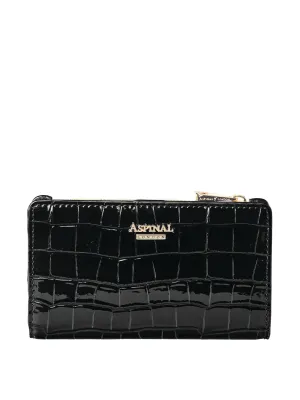 Mayfair coin & card wallet in jet black embossed patent croc