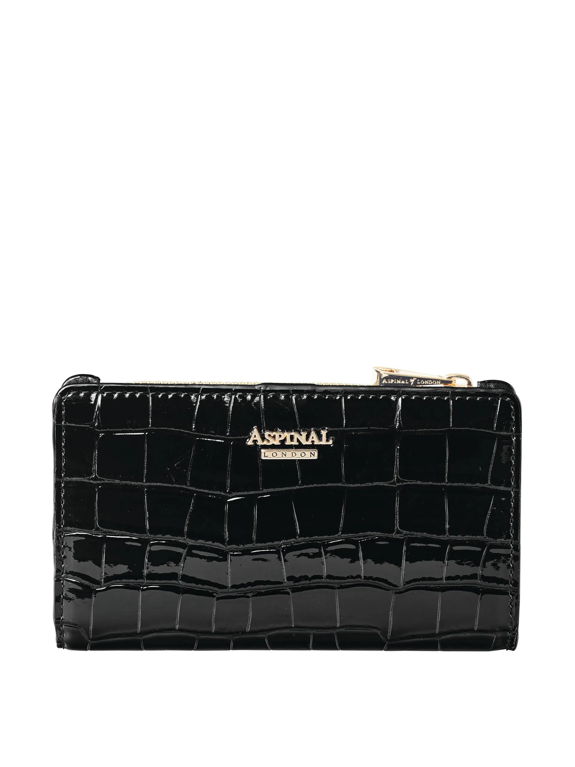 Mayfair coin & card wallet in jet black embossed patent croc