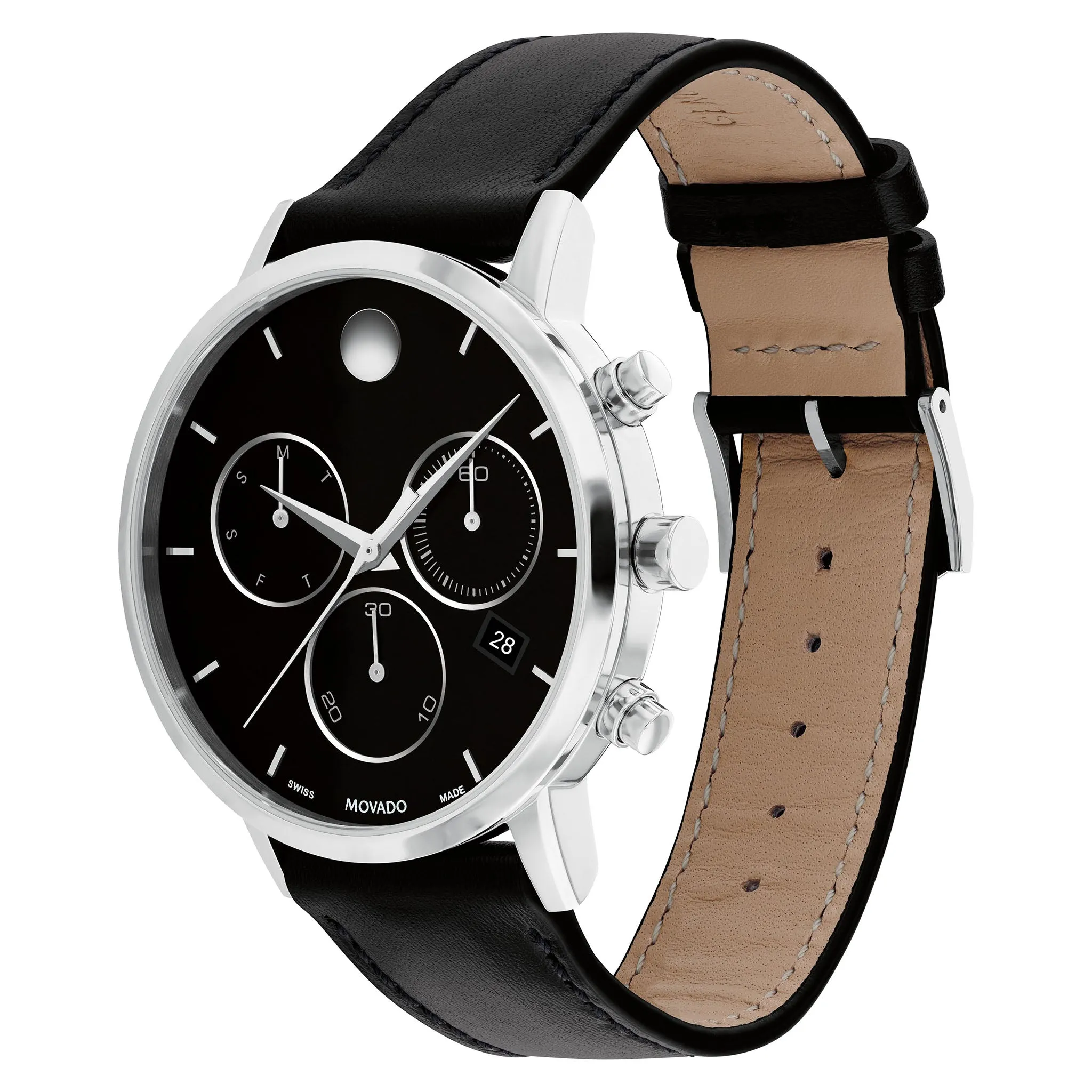 Movado Leather Black Dial Chronograph Men's Swiss Made Watch - 607778