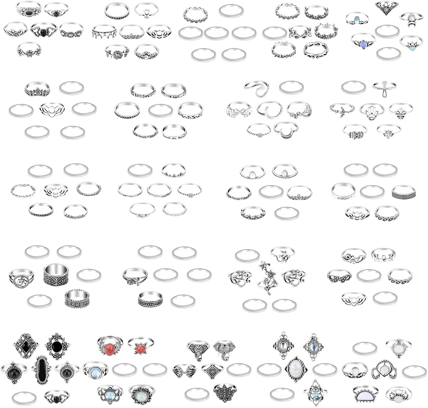 ONESING 154 Pcs Knuckle Rings for Women, Vintage Knuckle Rings Set, Stackable Finger Rings Set Bohemian Retro Vintage Jewelry Silver Rings Crystal Joint Rings Hollow Carved Flowe
