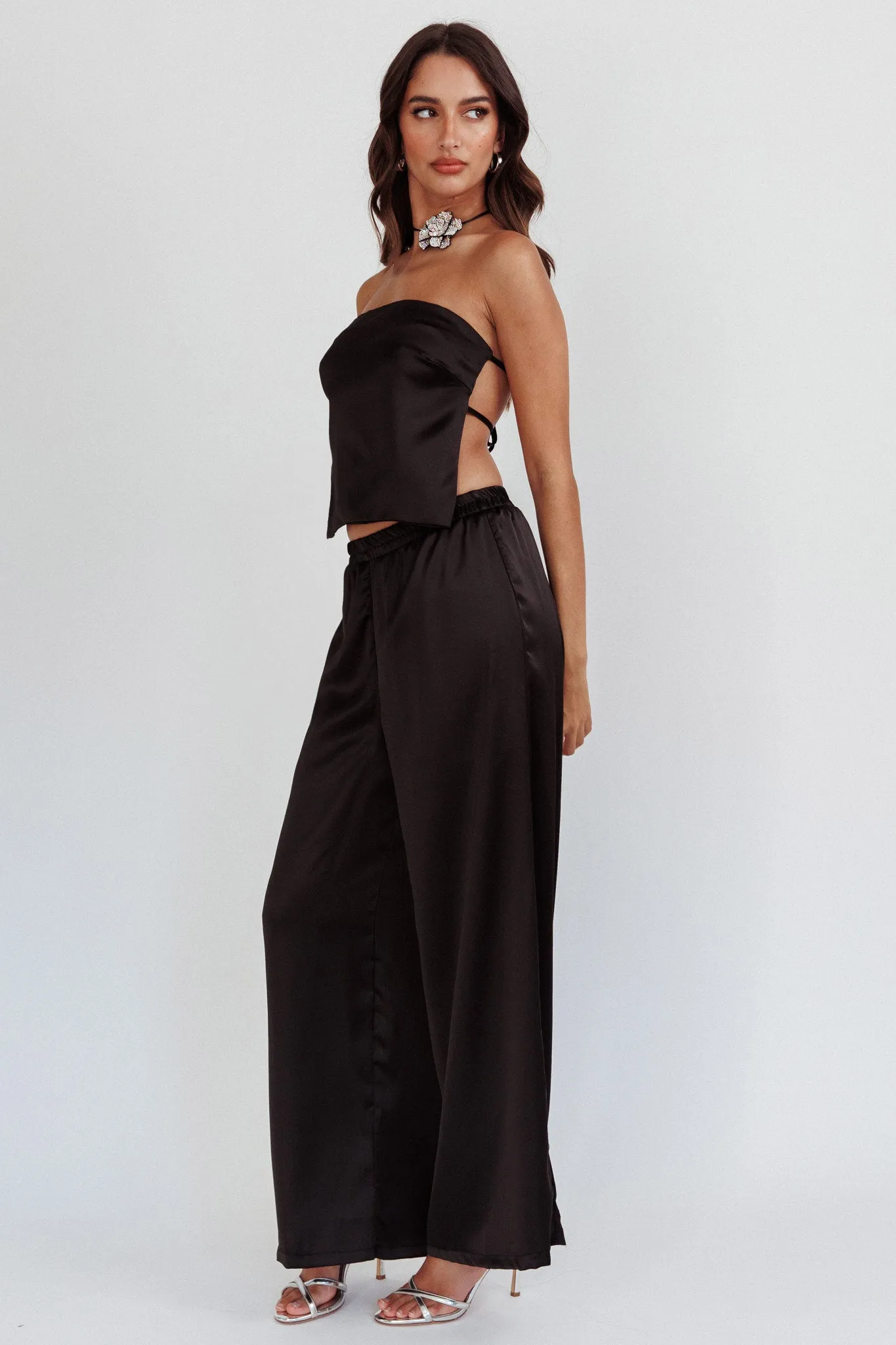 Panama Beach Wide Leg Satin Pants Black