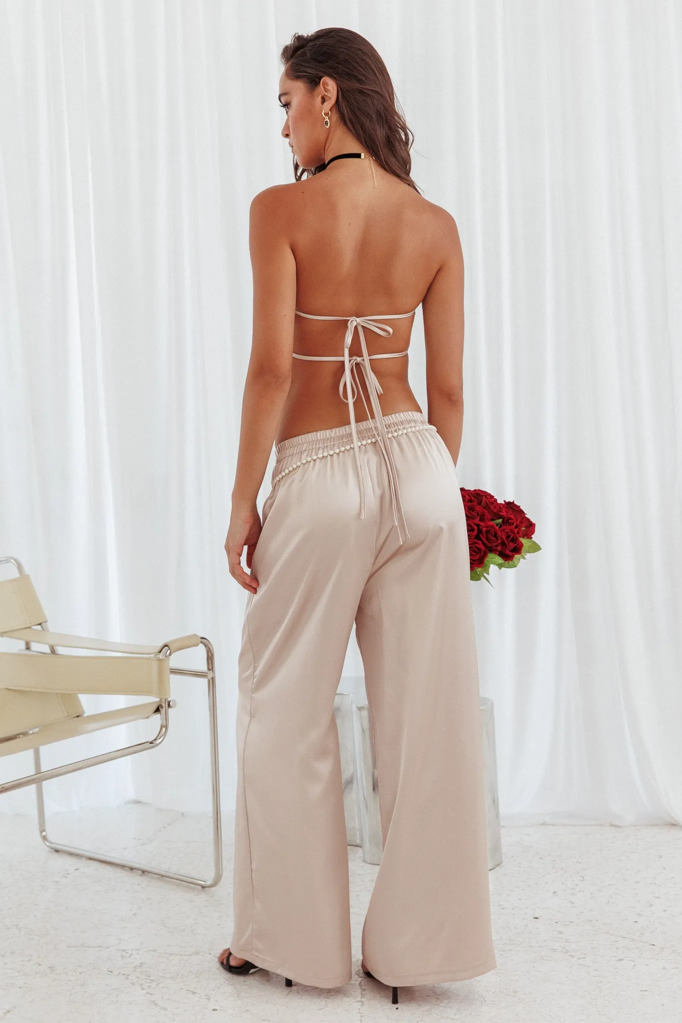 Panama Beach Wide Leg Satin Pants Stone