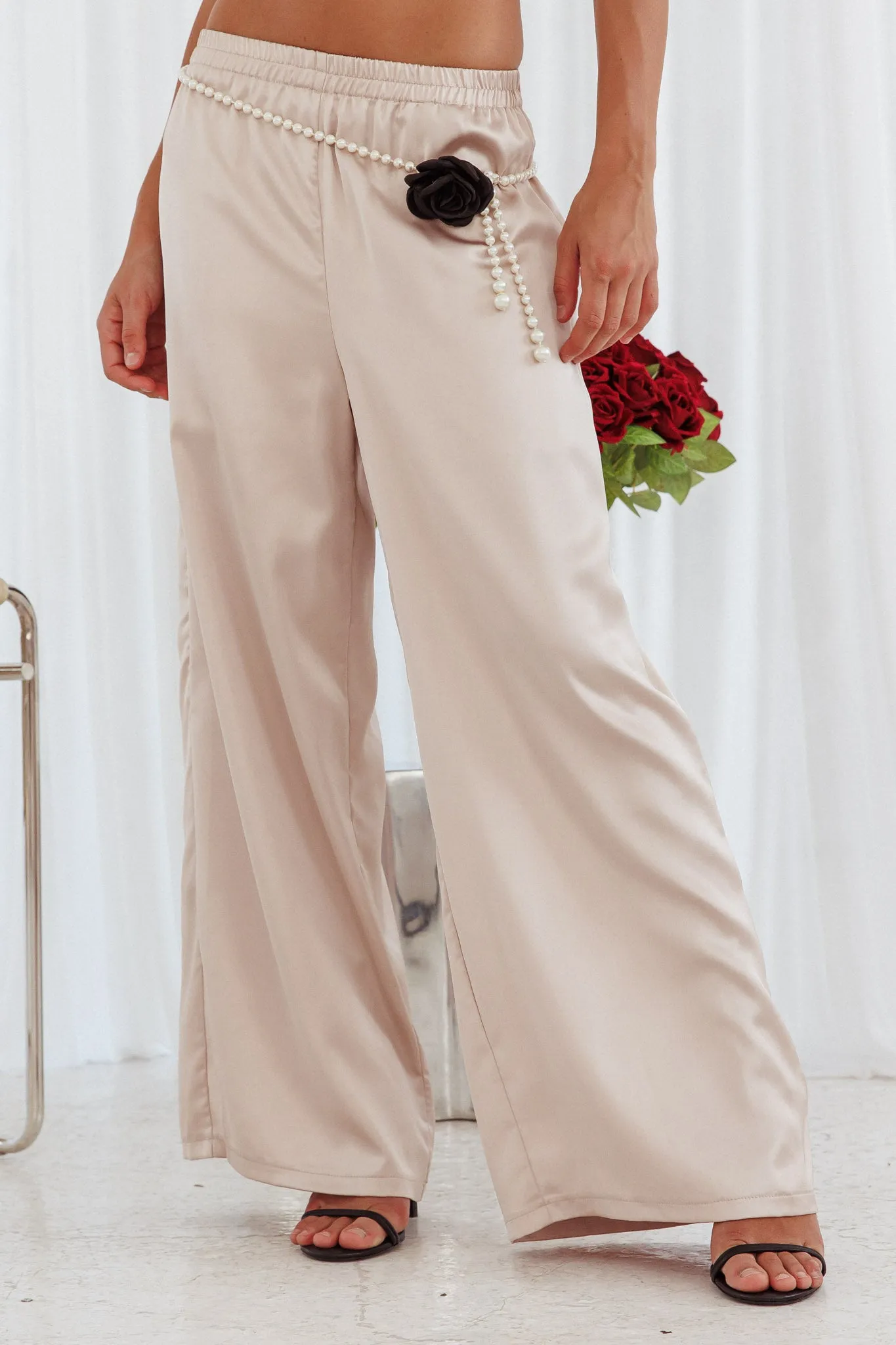 Panama Beach Wide Leg Satin Pants Stone