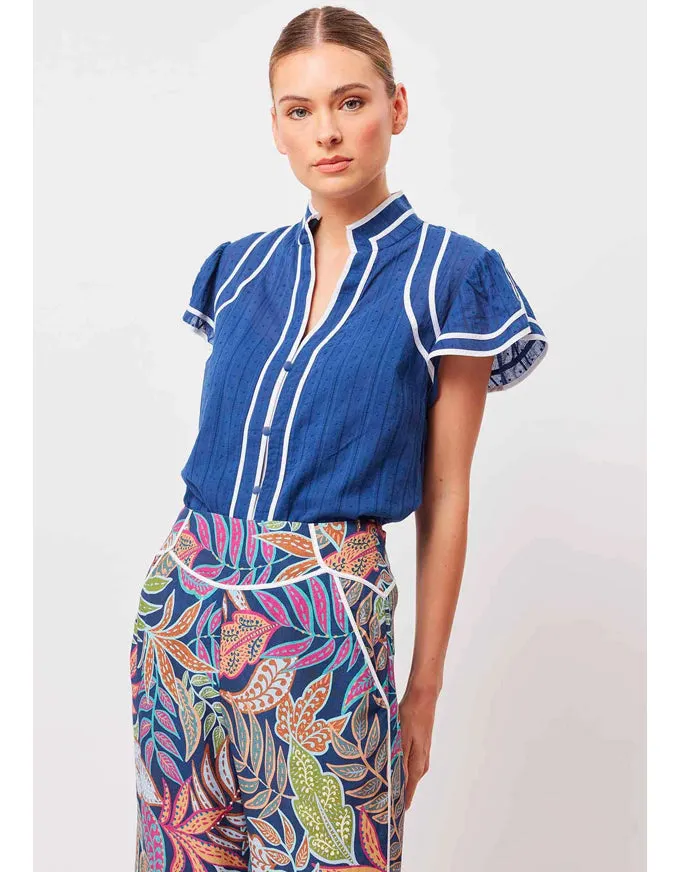 Panama Cotton Clipspot Binding Detail Flutter Sleeve Top