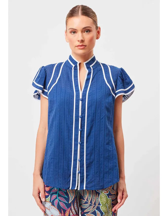 Panama Cotton Clipspot Binding Detail Flutter Sleeve Top