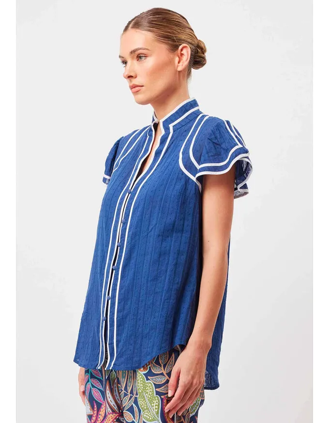 Panama Cotton Clipspot Binding Detail Flutter Sleeve Top