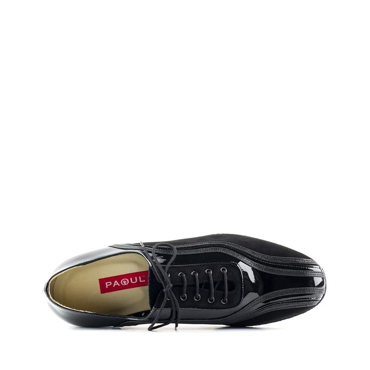 Paoul Brush Men's Black Patent Ballroom Dance Shoe with Lateral Suede Accents and Standard Heel