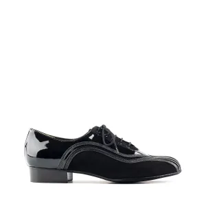 Paoul Brush Men's Black Patent Ballroom Dance Shoe with Lateral Suede Accents and Standard Heel