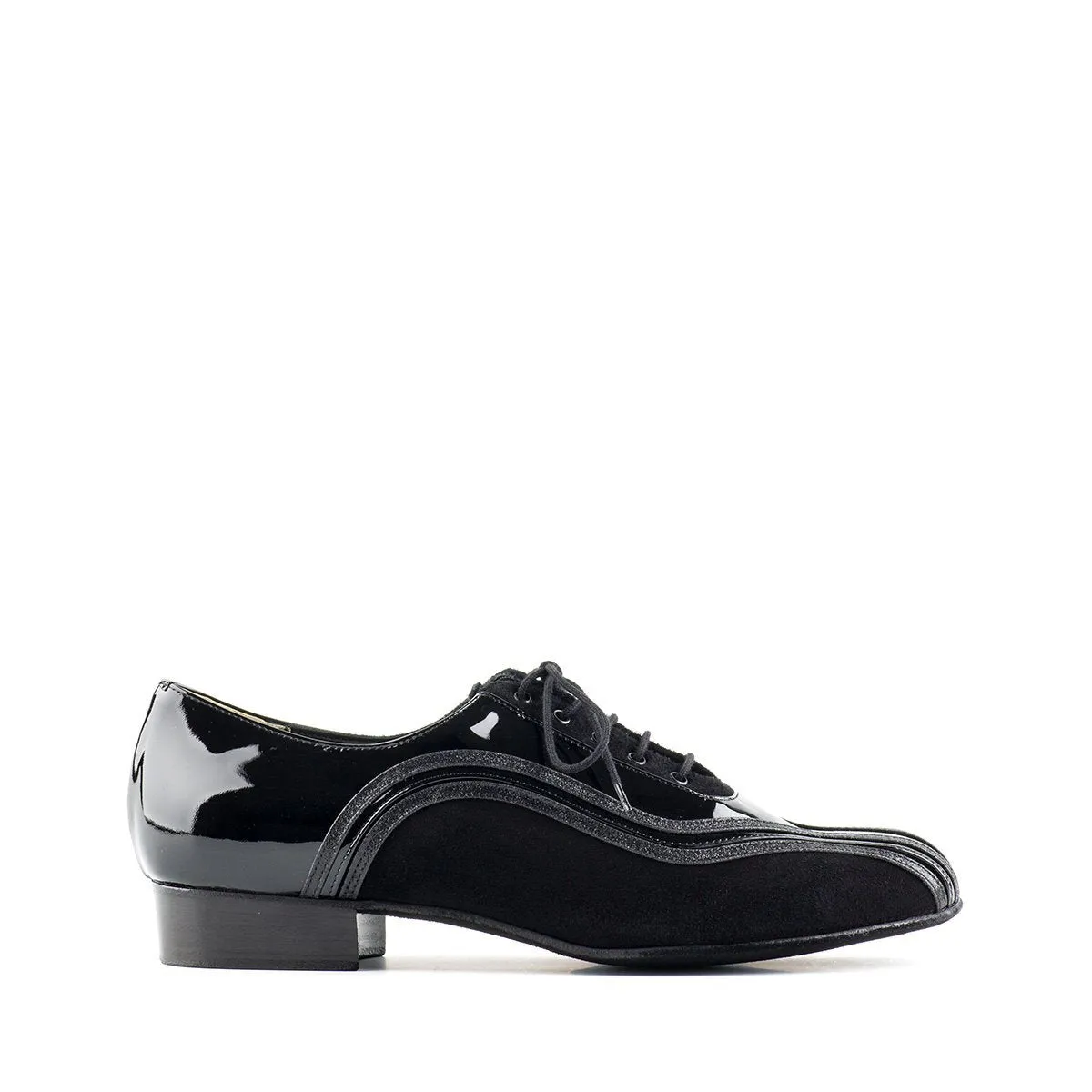 Paoul Brush Men's Black Patent Ballroom Dance Shoe with Lateral Suede Accents and Standard Heel