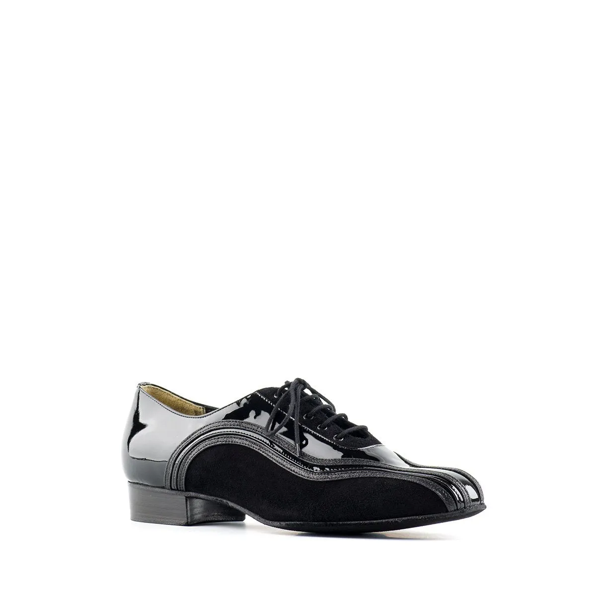 Paoul Brush Men's Black Patent Ballroom Dance Shoe with Lateral Suede Accents and Standard Heel