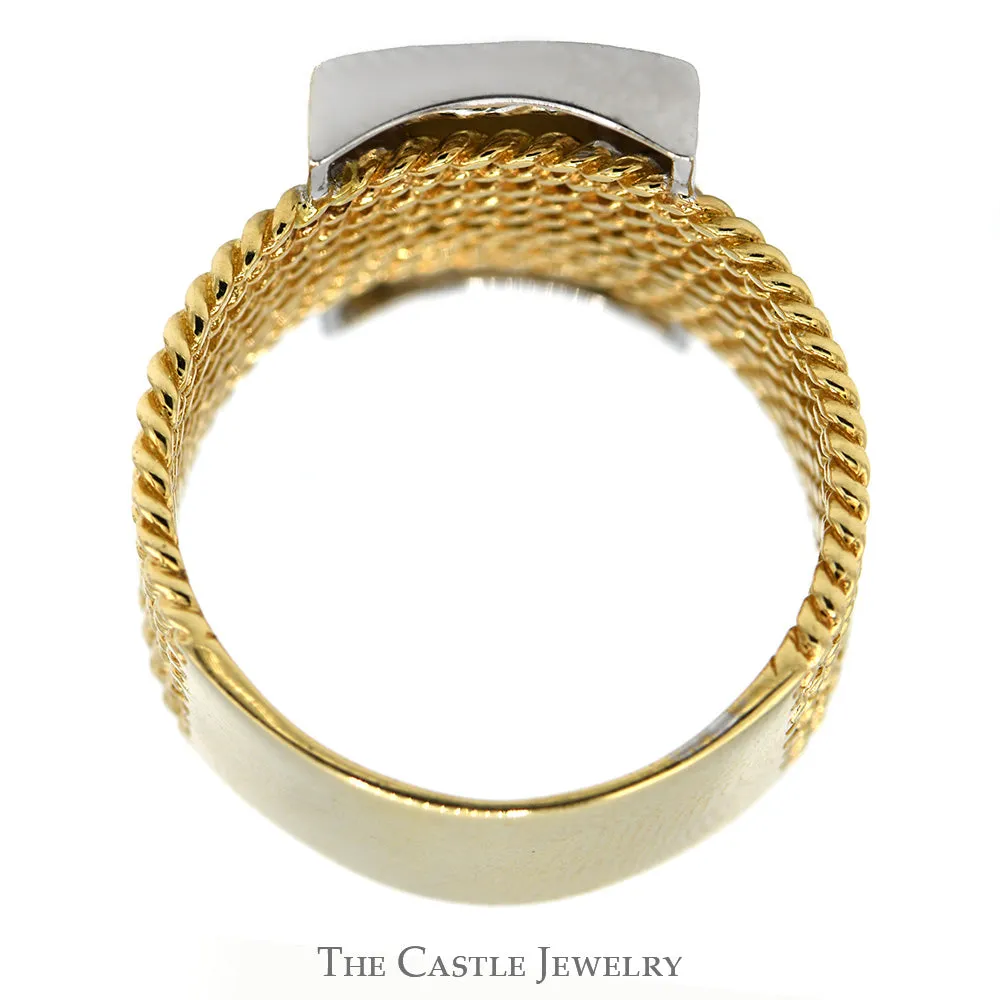 Rectangular Mother Of Pearl Ring with Diamond Halo and Rope Designed Sides in 14k Yellow Gold