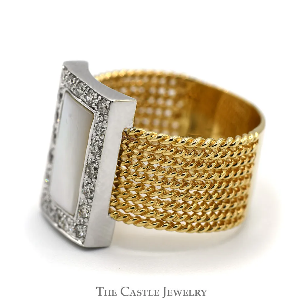 Rectangular Mother Of Pearl Ring with Diamond Halo and Rope Designed Sides in 14k Yellow Gold