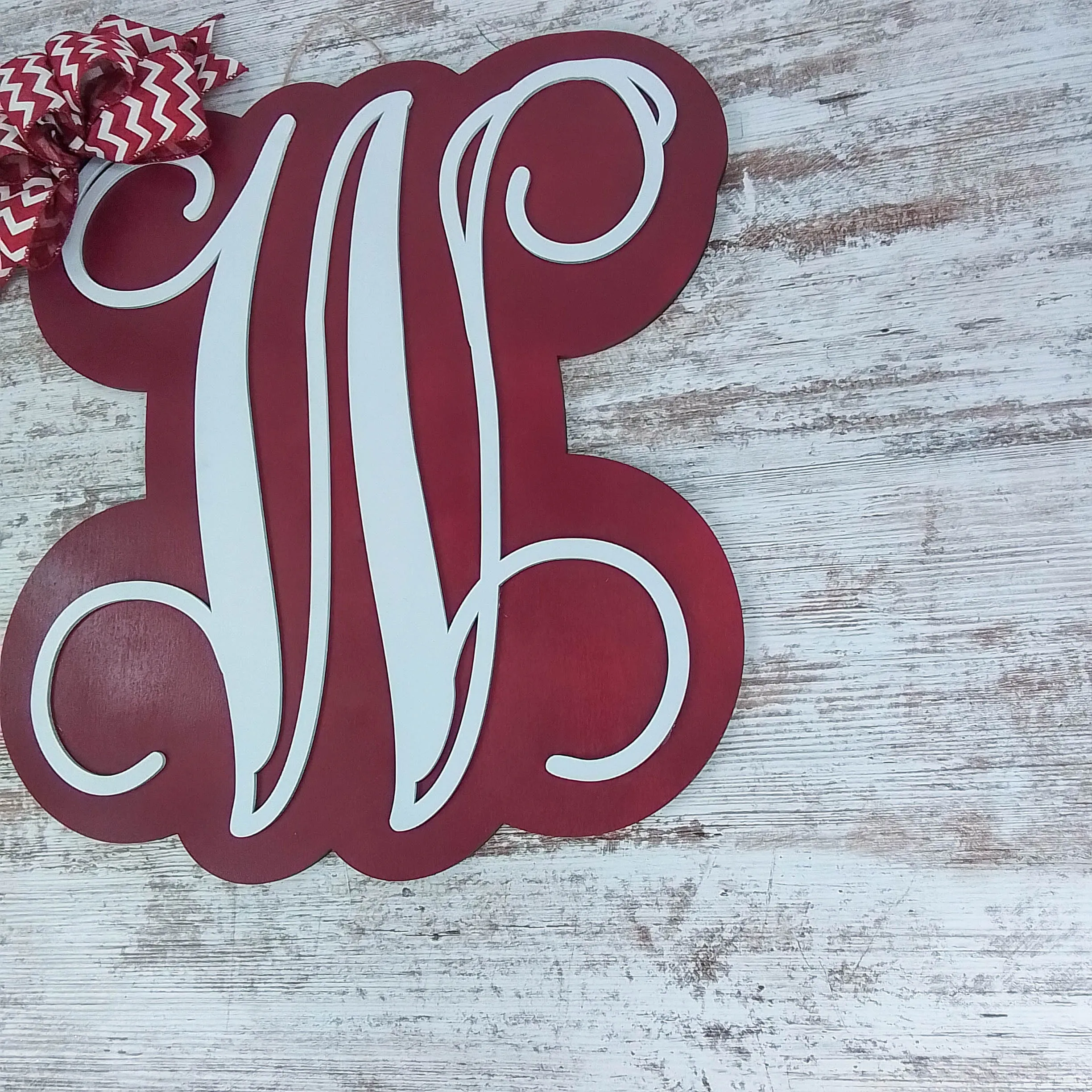 Red Wooden Door Hanger, Monogrammed Home Decor, Ribbon Bow Accent