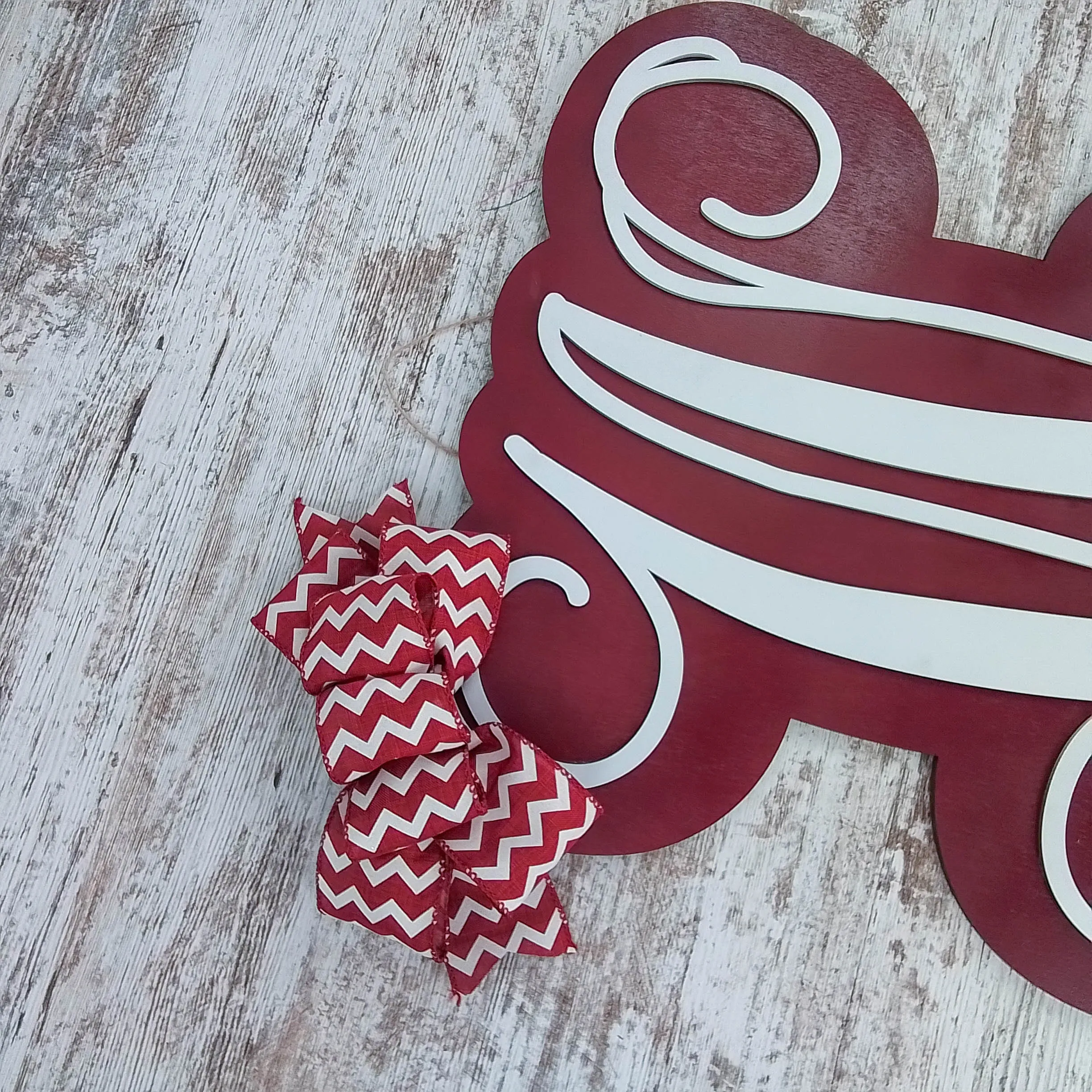 Red Wooden Door Hanger, Monogrammed Home Decor, Ribbon Bow Accent