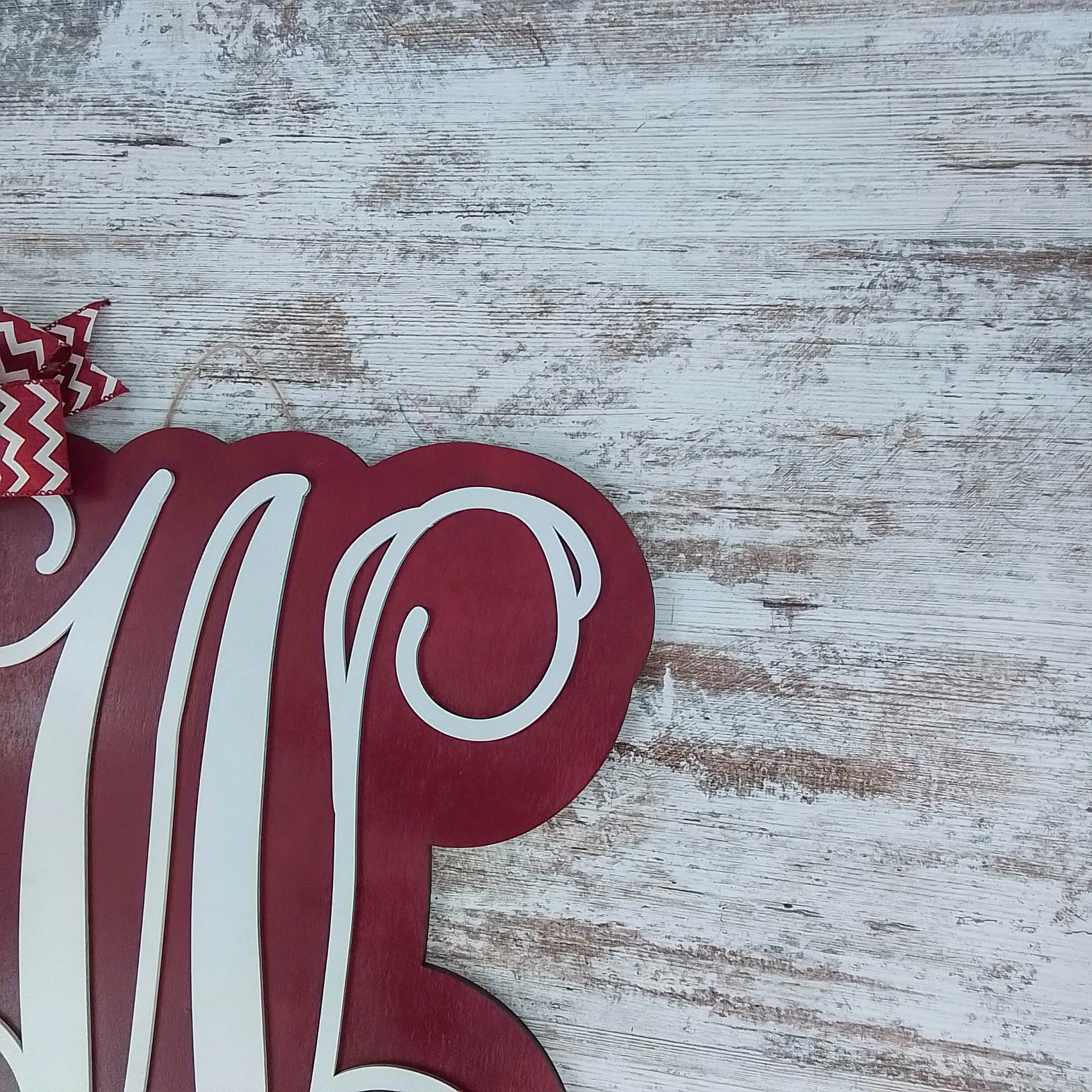 Red Wooden Door Hanger, Monogrammed Home Decor, Ribbon Bow Accent