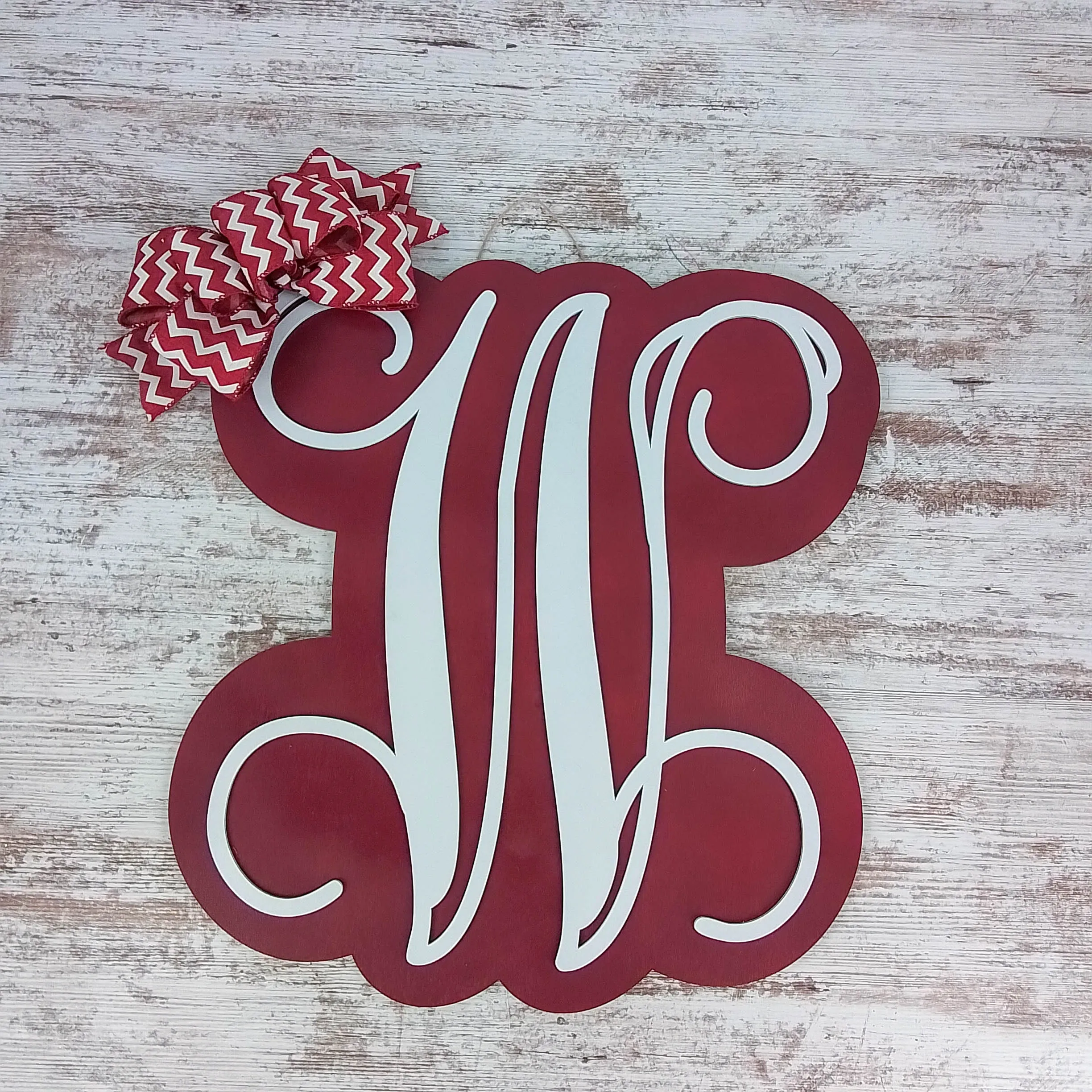 Red Wooden Door Hanger, Monogrammed Home Decor, Ribbon Bow Accent