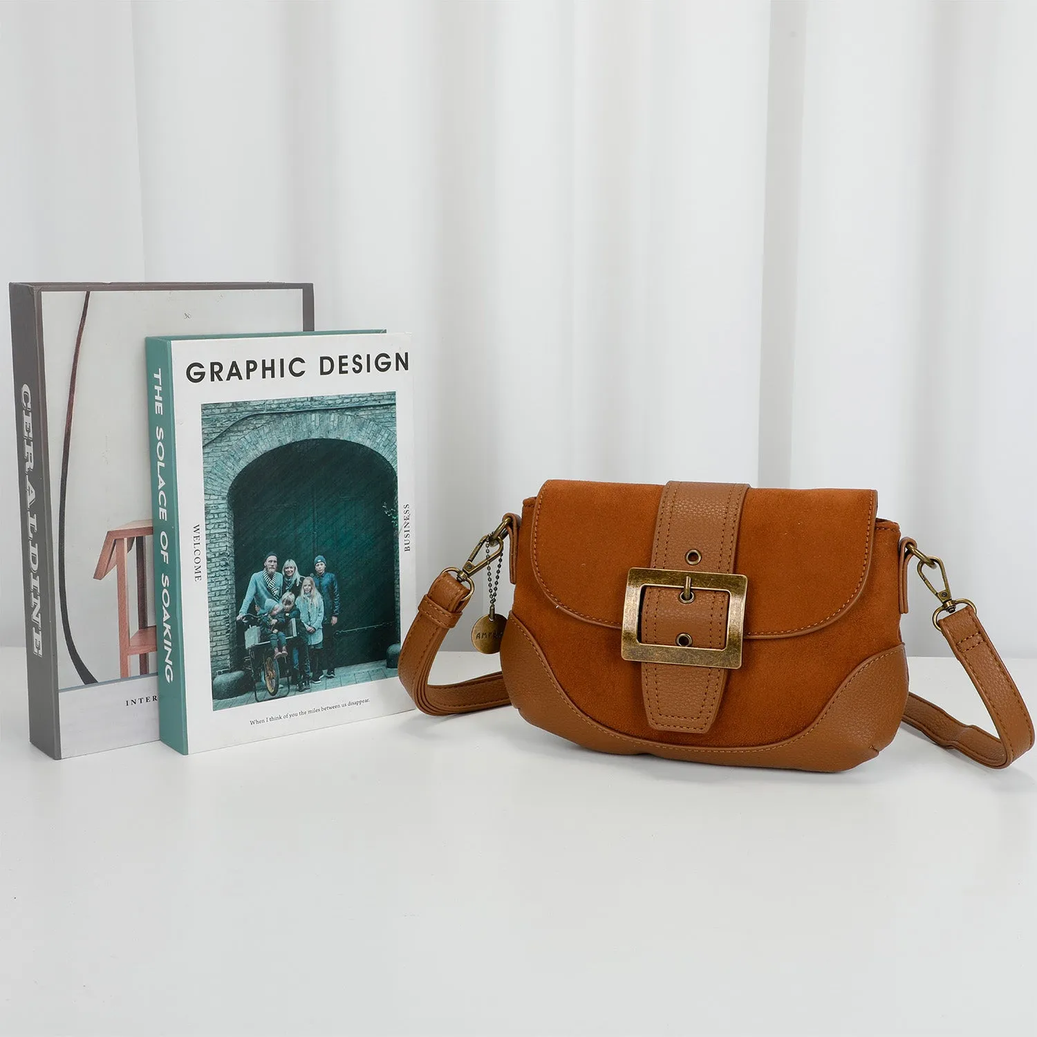 Serena Vegan Leather Faux Suede Flap Over Crossbody Bag - Brown