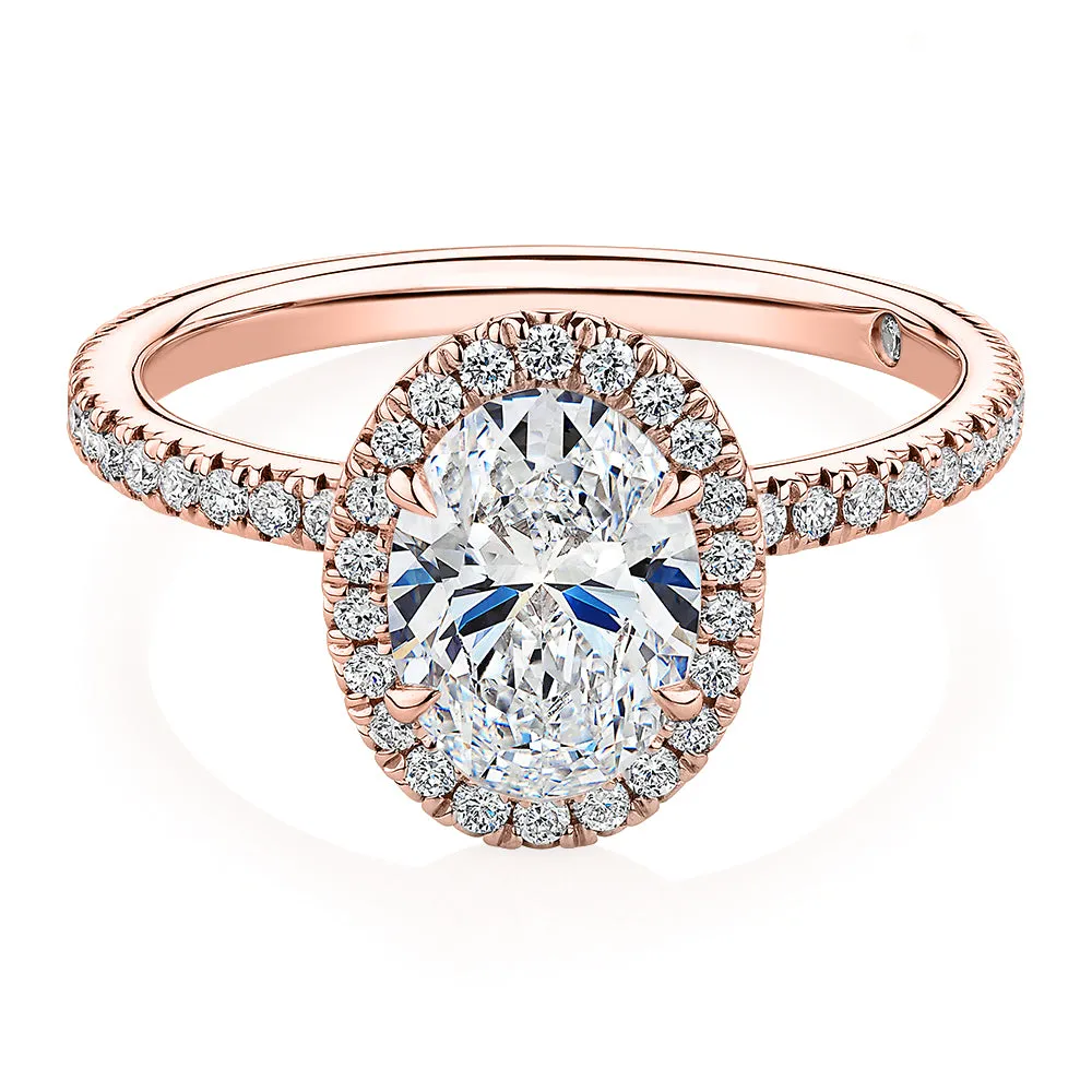 Signature Simulant Diamond 1.89 carat* TW oval and round brilliant halo engagement ring in 14 carat rose gold