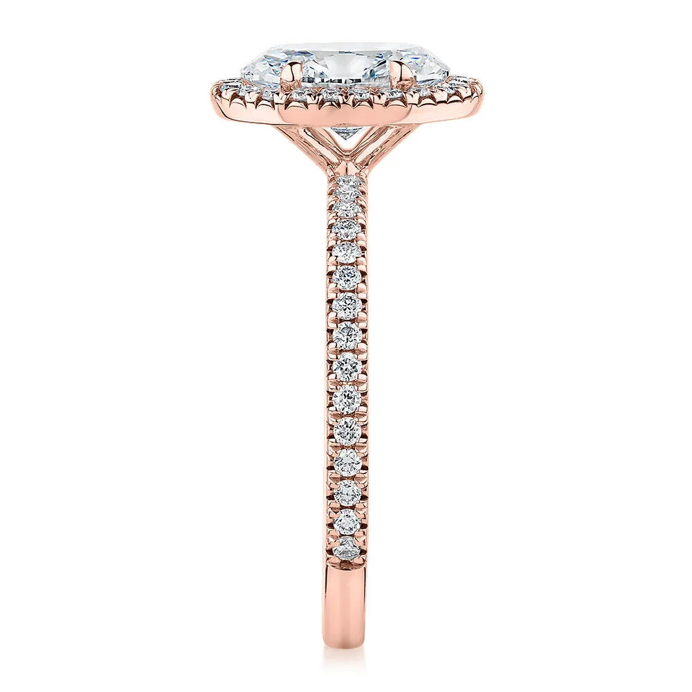 Signature Simulant Diamond 1.89 carat* TW oval and round brilliant halo engagement ring in 14 carat rose gold