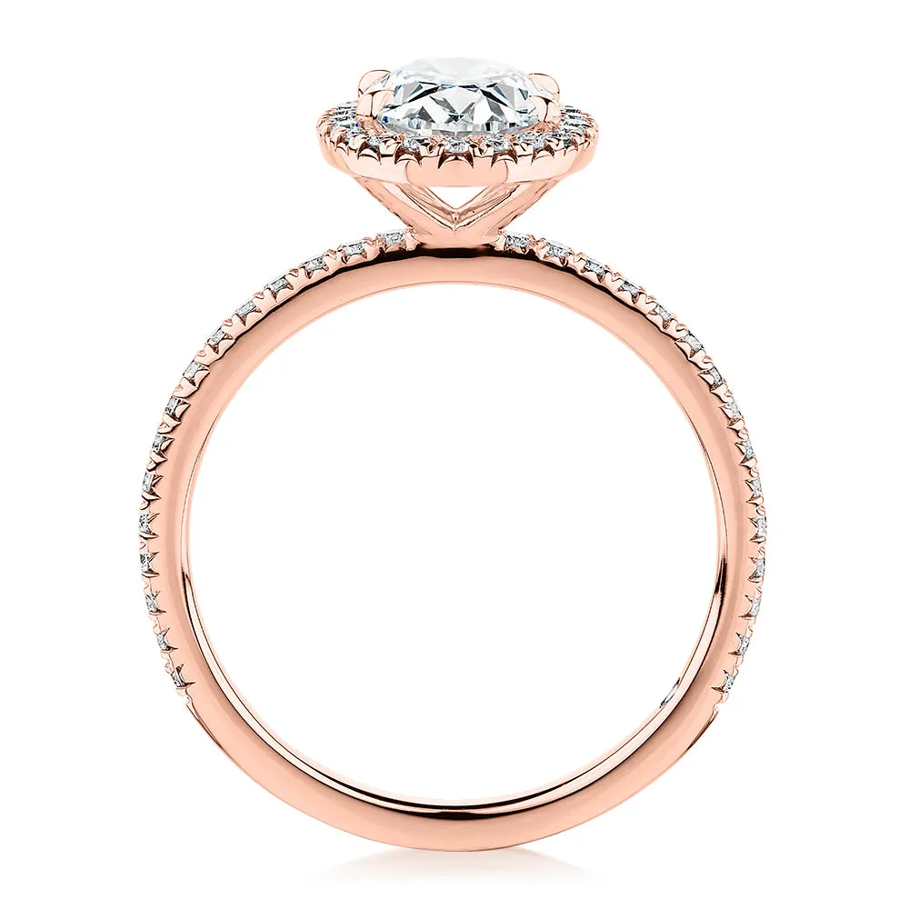 Signature Simulant Diamond 1.89 carat* TW oval and round brilliant halo engagement ring in 14 carat rose gold