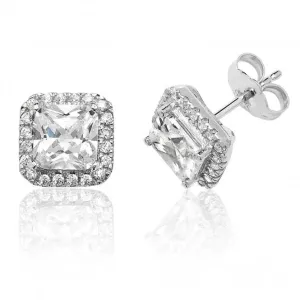 Silver & Co Claw Set Square Cubic Zirconia Stud Earrings - Halo Style - SEG0011CZ