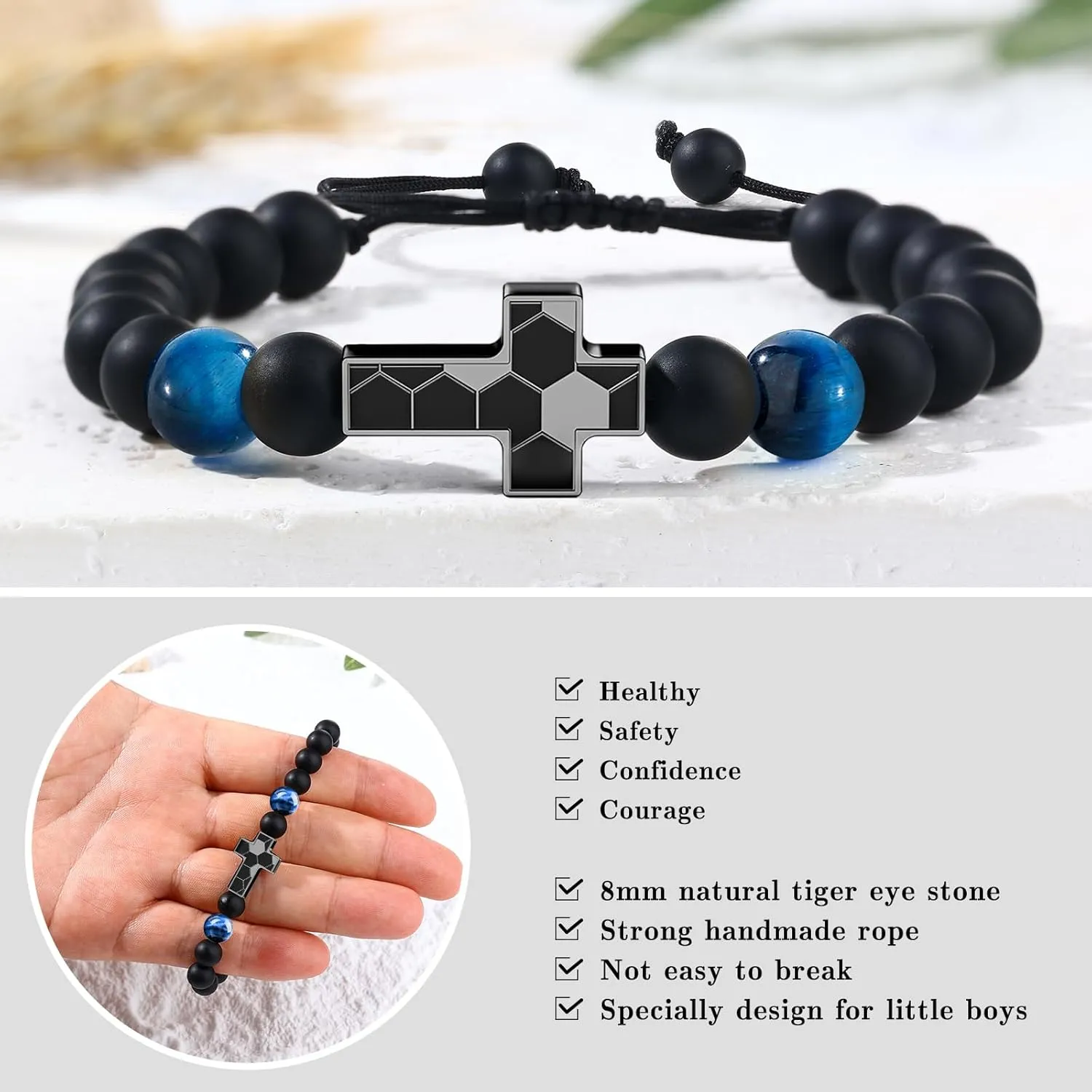 Soccer Cross Bracelet for Boys, Blue/Gold/Yellow Tiger Eye Natural Stone Bracelet Adjustable, Christmas Christian Baptism Birthday Soccer Gifts for Son Grandson Easter Gifts for Teens