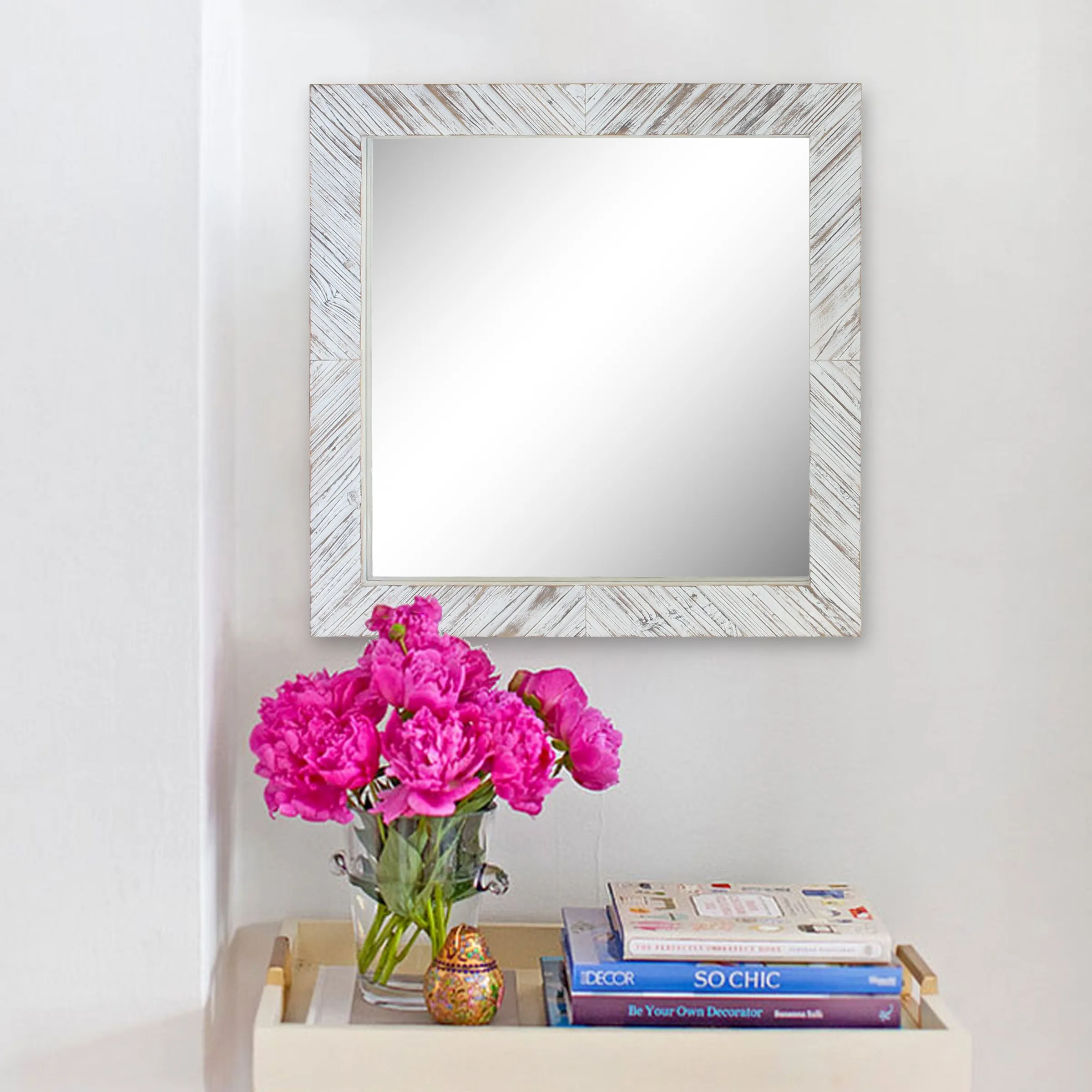 Square Textured Worn White Wooden Chevron Hanging Wall Mirror