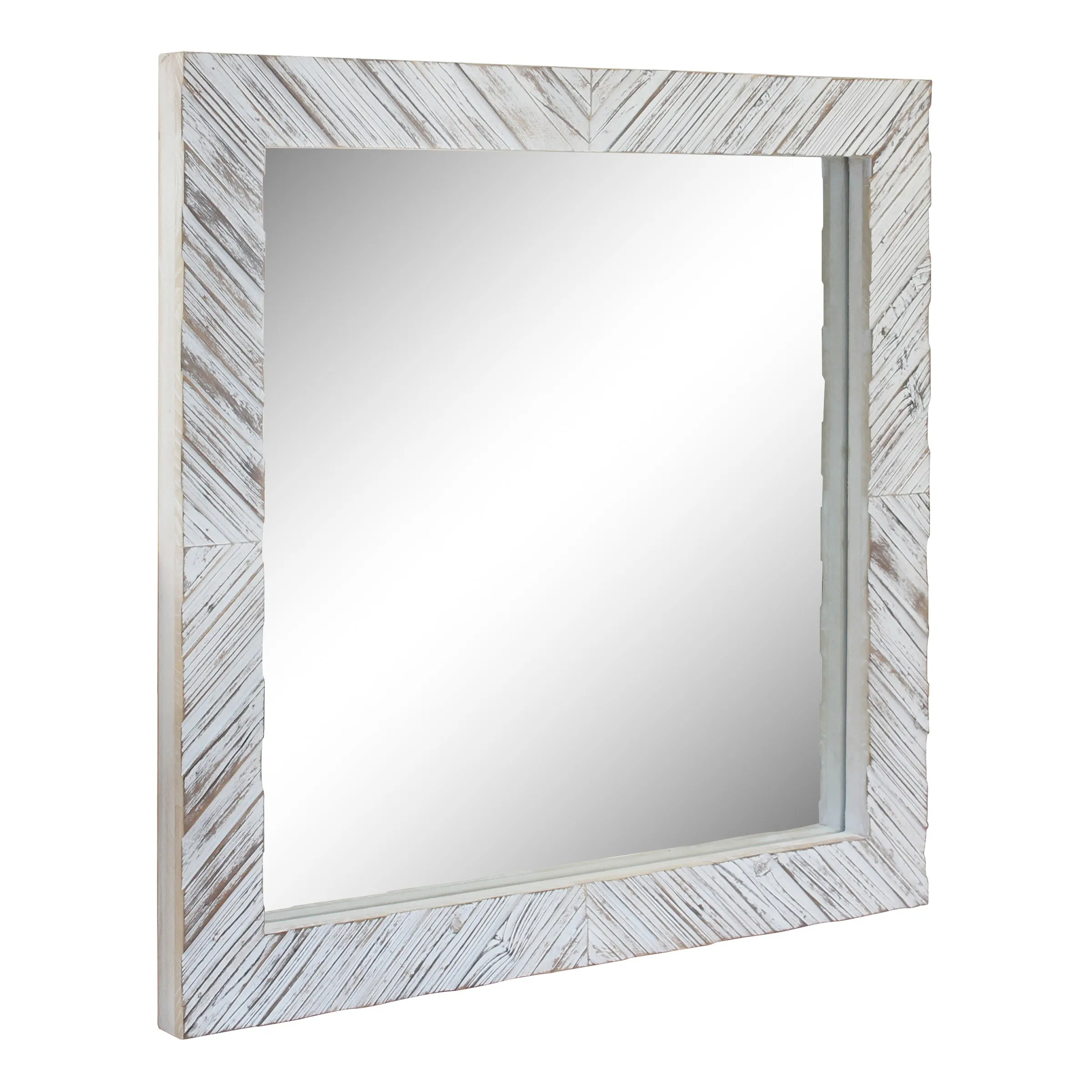 Square Textured Worn White Wooden Chevron Hanging Wall Mirror