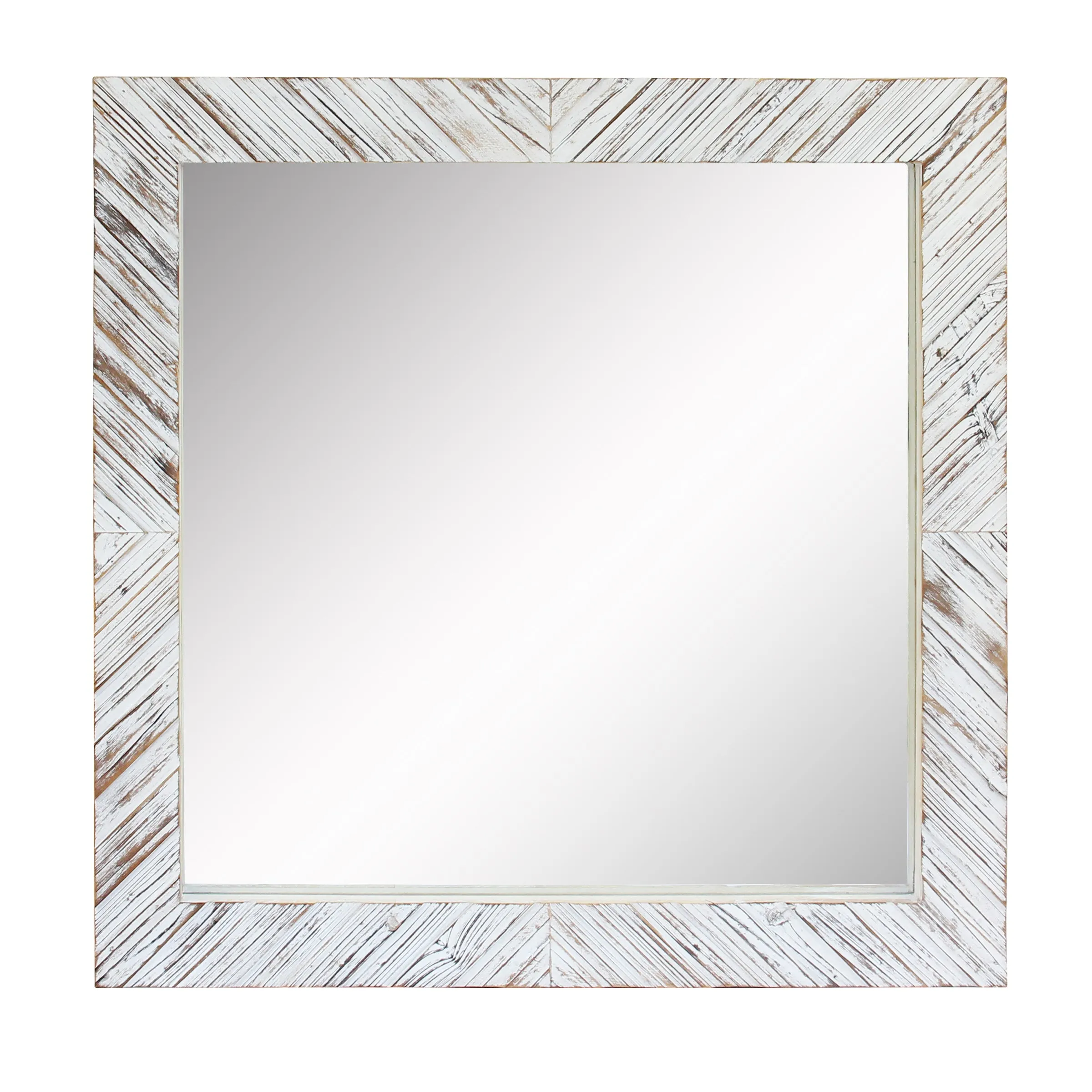 Square Textured Worn White Wooden Chevron Hanging Wall Mirror