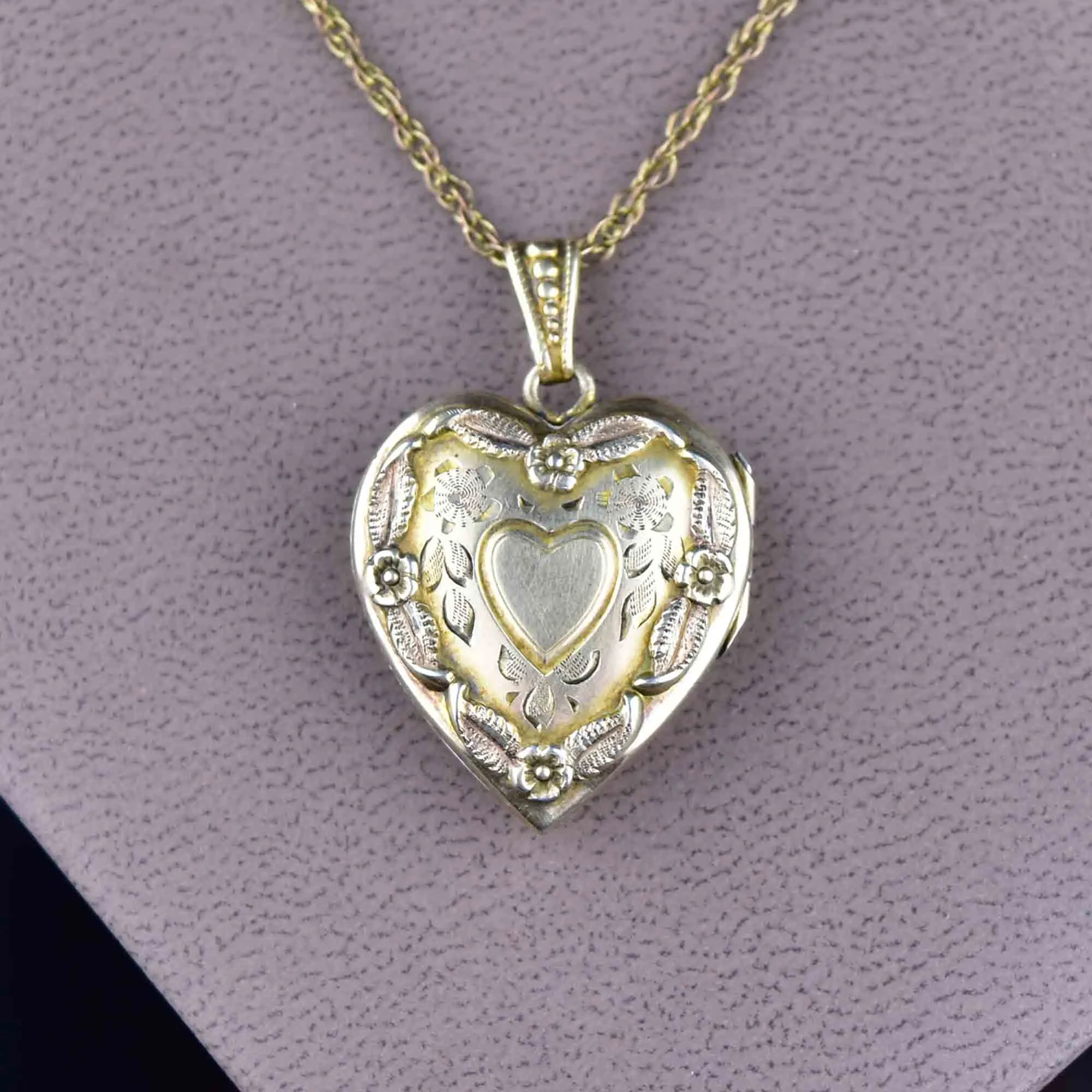 Vintage Heart Forget Me Not Gold Filled Locket Necklace