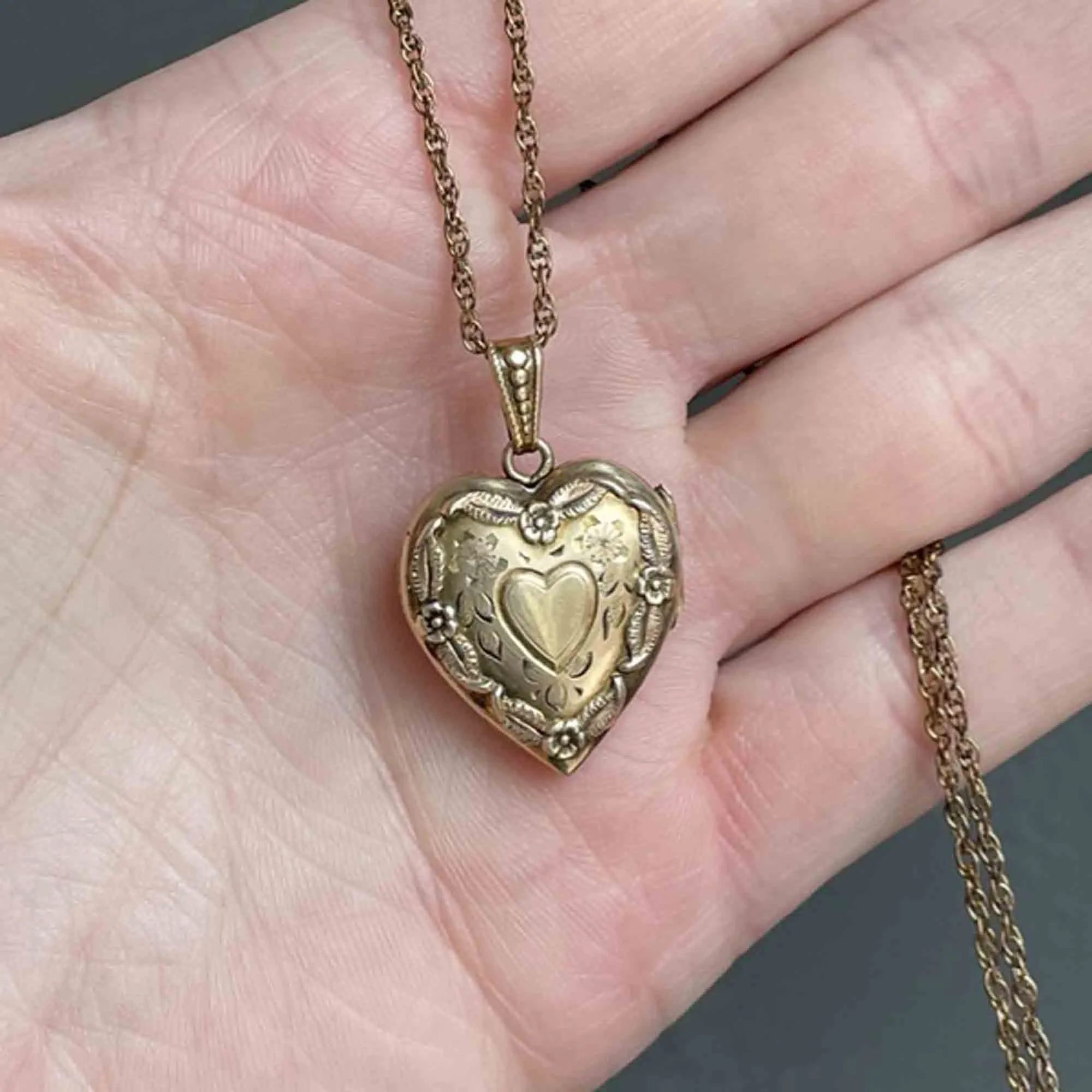 Vintage Heart Forget Me Not Gold Filled Locket Necklace