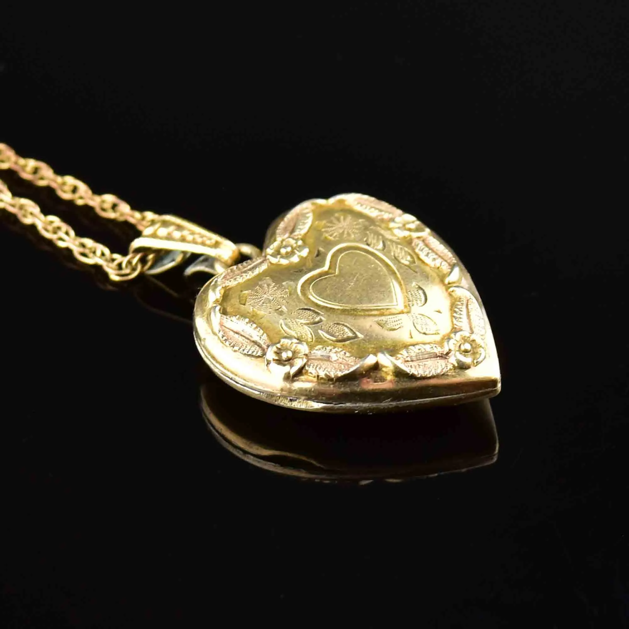 Vintage Heart Forget Me Not Gold Filled Locket Necklace