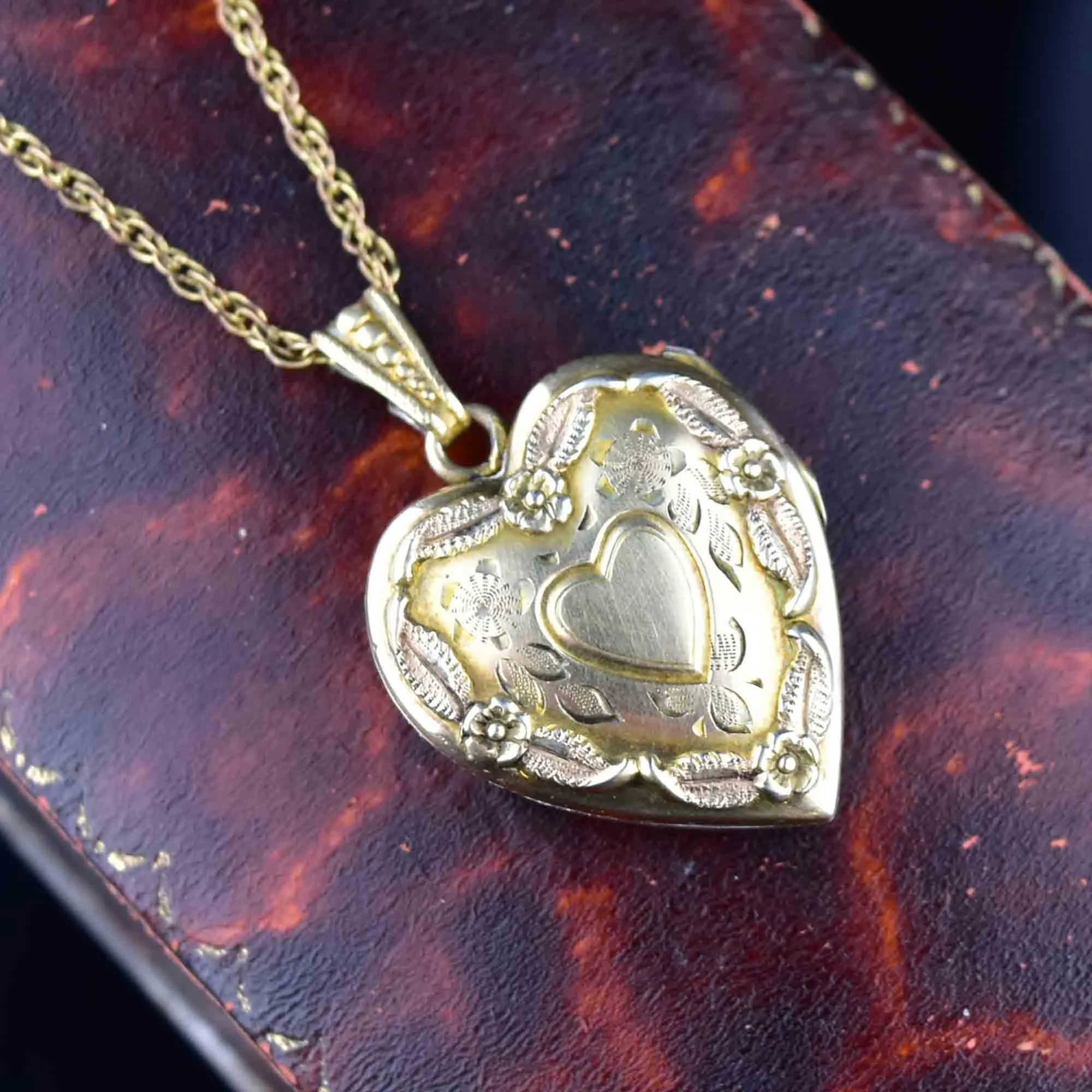 Vintage Heart Forget Me Not Gold Filled Locket Necklace